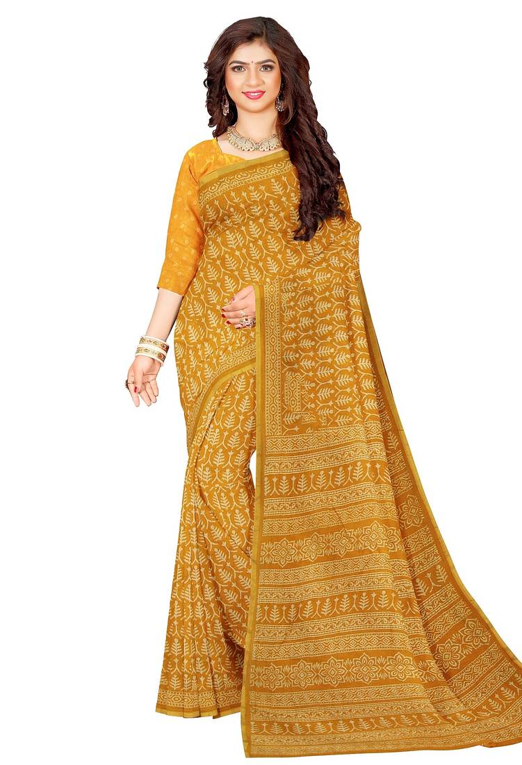 Mustard yellow printed saree