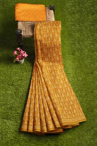 Mustard yellow printed saree