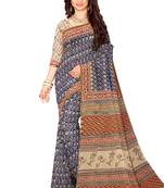 Blue floral printed cotton saree