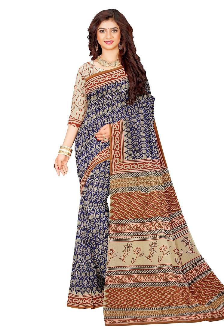 Blue floral printed cotton saree