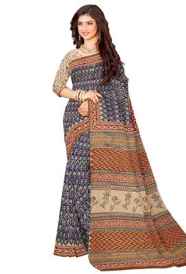 Blue floral printed cotton saree 2