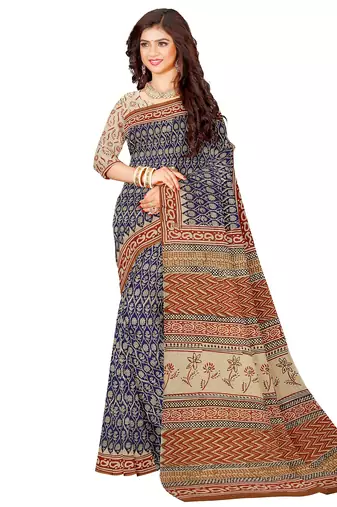 Blue floral printed cotton saree