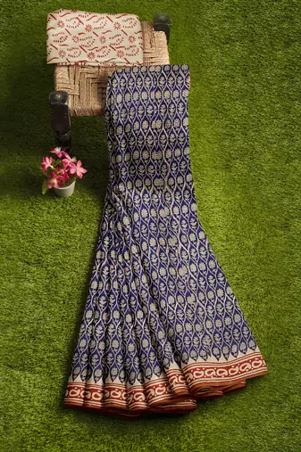 Blue floral printed cotton saree