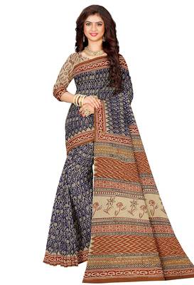 Blue floral printed cotton saree 4