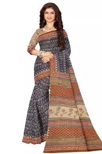 Blue floral printed cotton saree