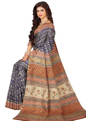 Blue floral printed cotton saree 5