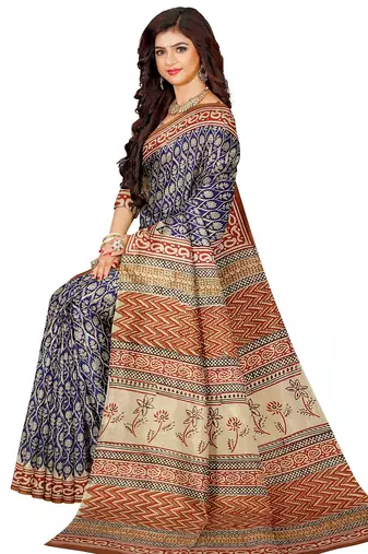 Blue floral printed cotton saree