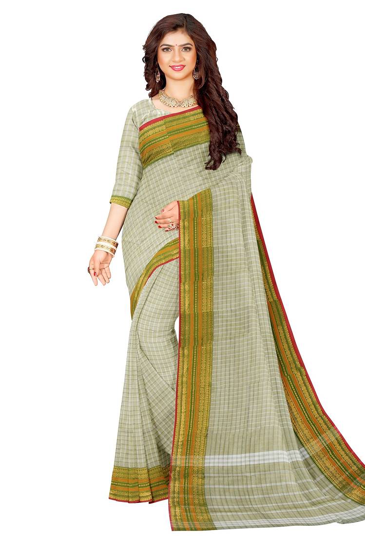 Off white checked traditional saree