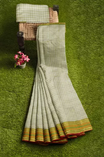 Off white checked traditional saree
