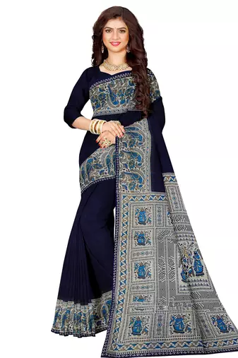 Navy blue folk art printed saree