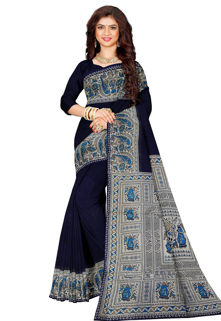 Navy blue folk art printed saree