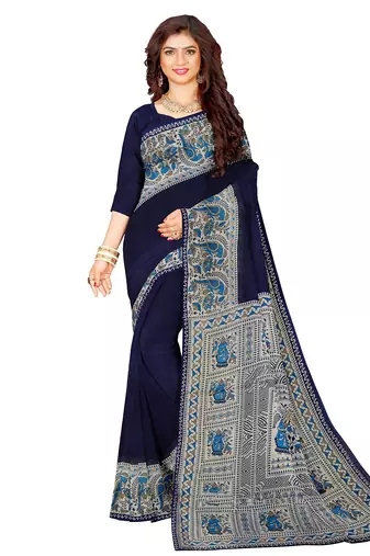 Navy blue folk art printed saree