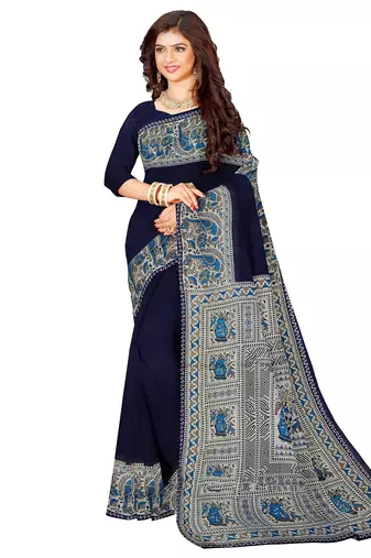 Navy blue folk art printed saree