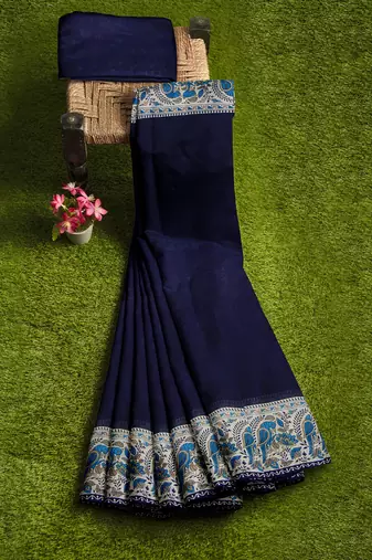 Navy blue folk art printed saree