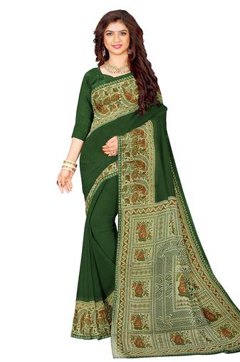 Dark green folk art printed saree
