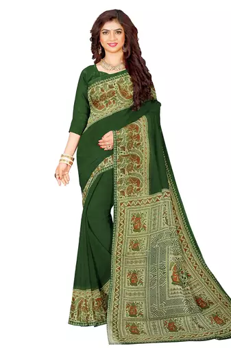 Dark green folk art printed saree