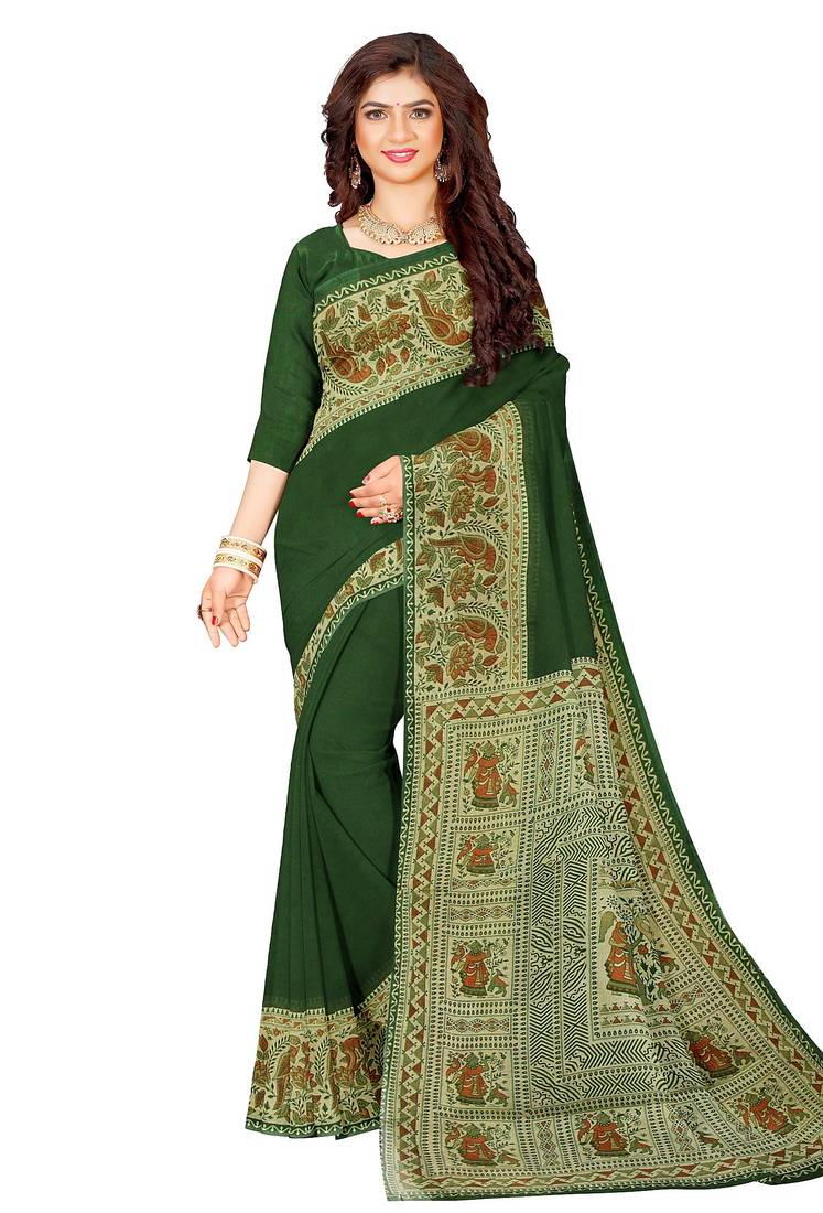 Dark green folk art printed saree