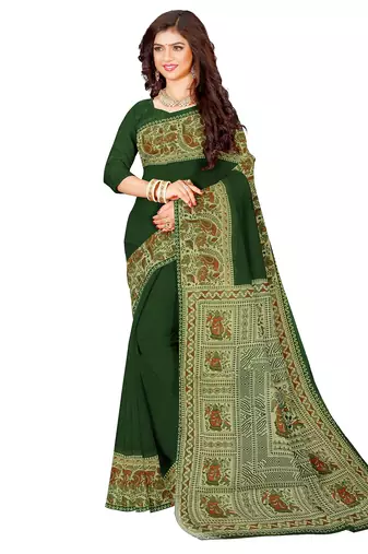 Dark green folk art printed saree