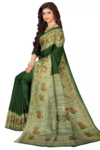 Dark green folk art printed saree