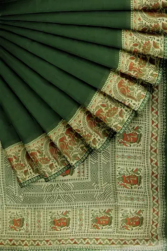 Dark green folk art printed saree