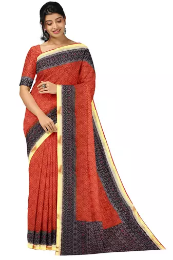 Rust red geometric print saree
