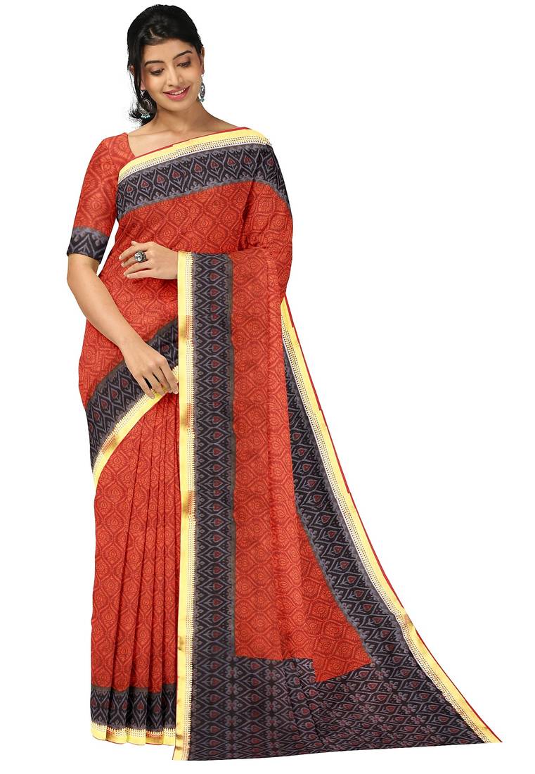 Rust red geometric print saree