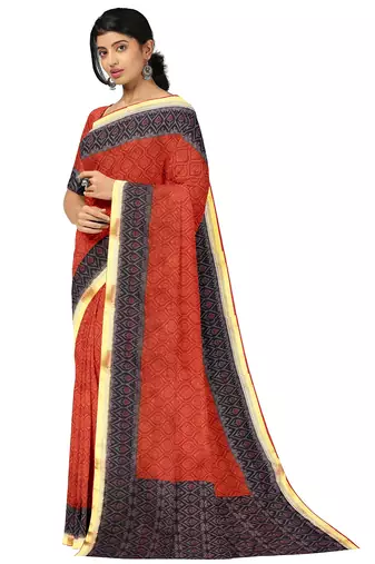 Rust red geometric print saree
