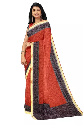 Rust red geometric print saree