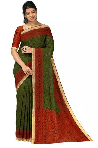 Olive green ethnic print saree