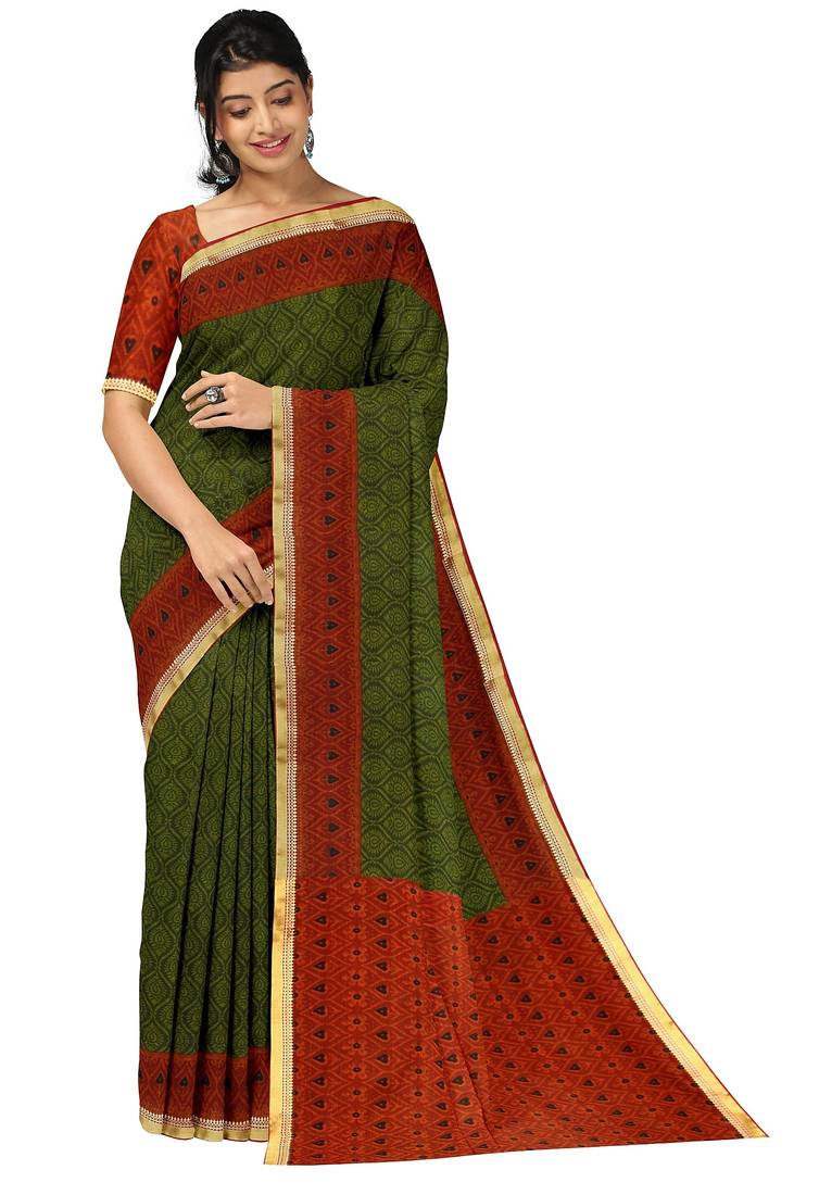 Olive green ethnic print saree