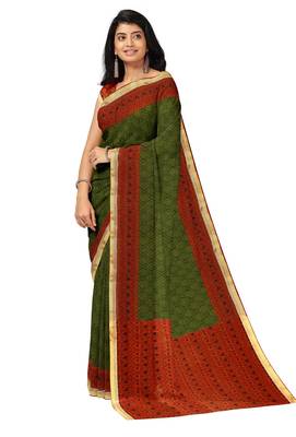 Olive green ethnic print saree 2