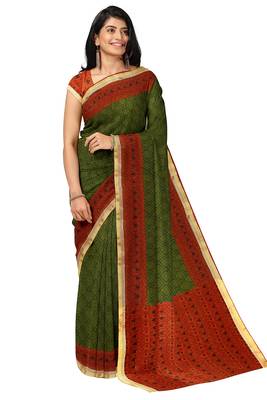Olive green ethnic print saree 3