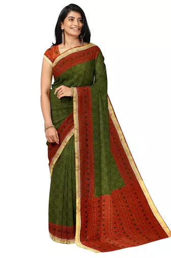 Olive green ethnic print saree