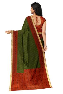Olive green ethnic print saree 4
