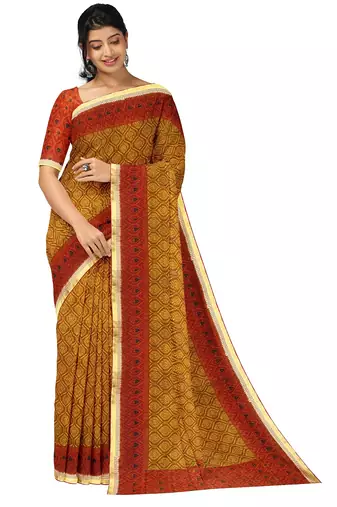 Mustard yellow printed saree