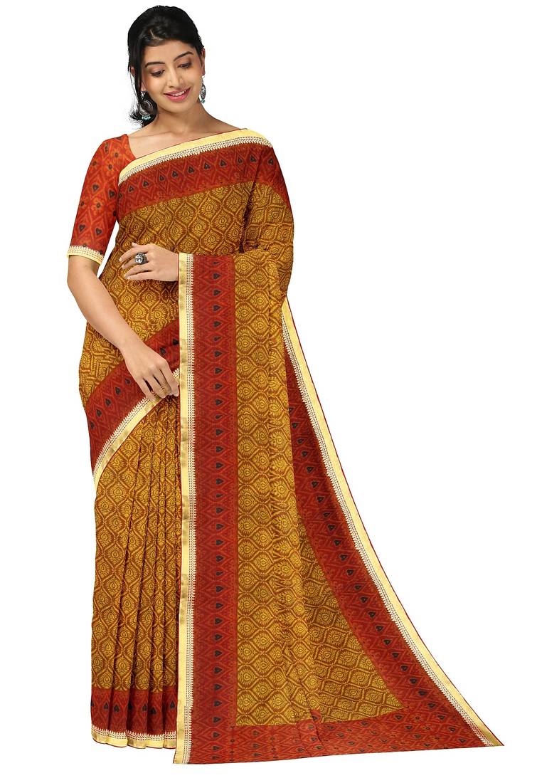 Mustard yellow printed saree