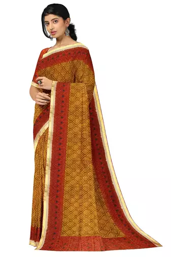 Mustard yellow printed saree