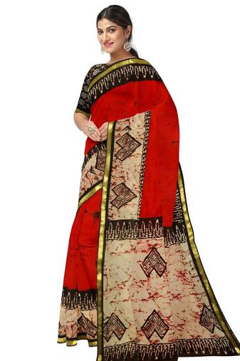 Red batik printed saree