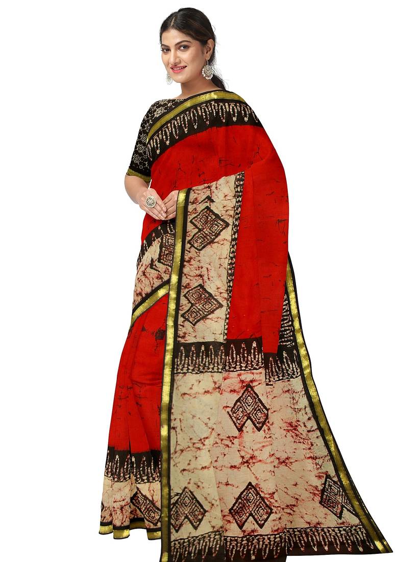 Red batik printed saree