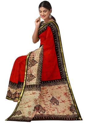 Red batik printed saree 2