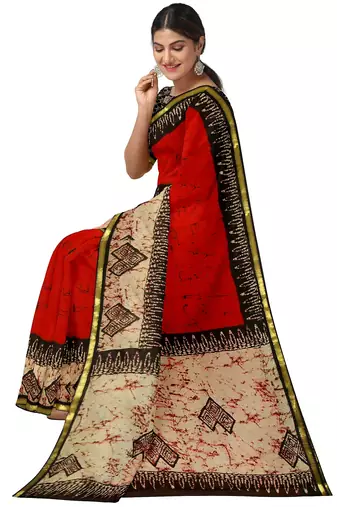 Red batik printed saree