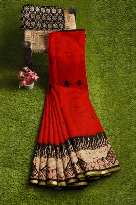 Red batik printed saree 3