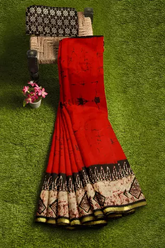 Red batik printed saree
