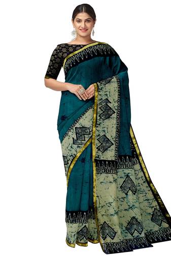 Teal blue batik printed saree