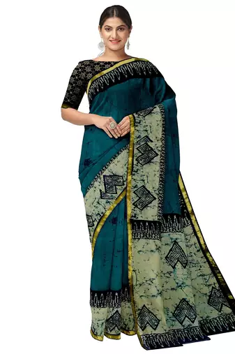 Teal blue batik printed saree