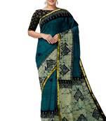 Teal blue batik printed saree