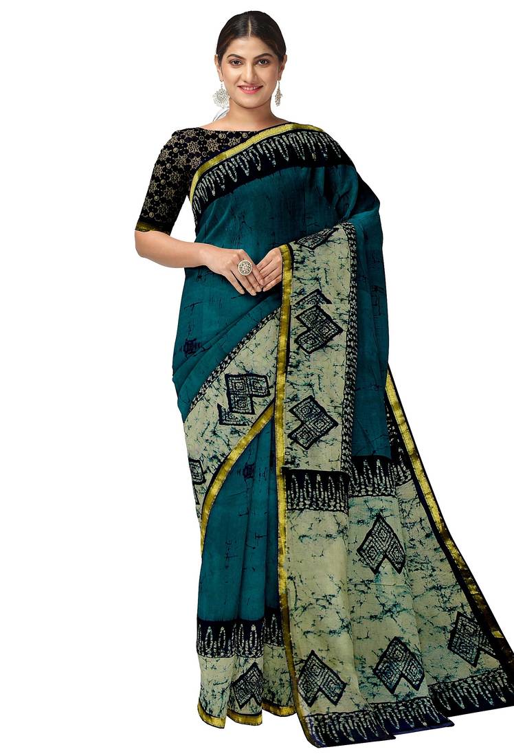 Teal blue batik printed saree