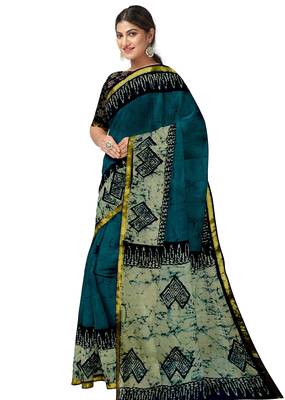 Teal blue batik printed saree 2
