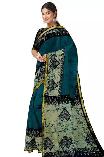 Teal blue batik printed saree