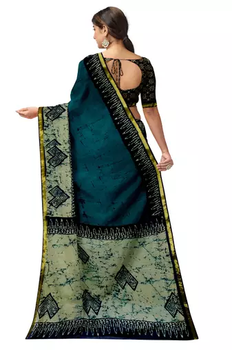 Teal blue batik printed saree